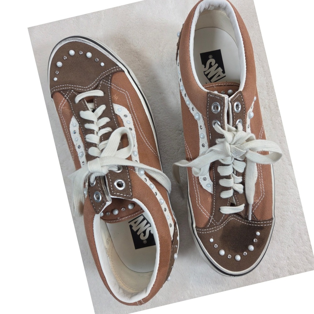 Vans LX Old Skool Sneakers Mens 10.5 Pearlized Rhinestone Brown Custom Low Good